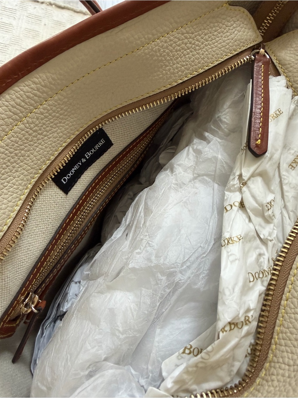 Dooney & Bourke Cream and Brown Pebbled Leather Tote with Charm - Picture 5 of 5